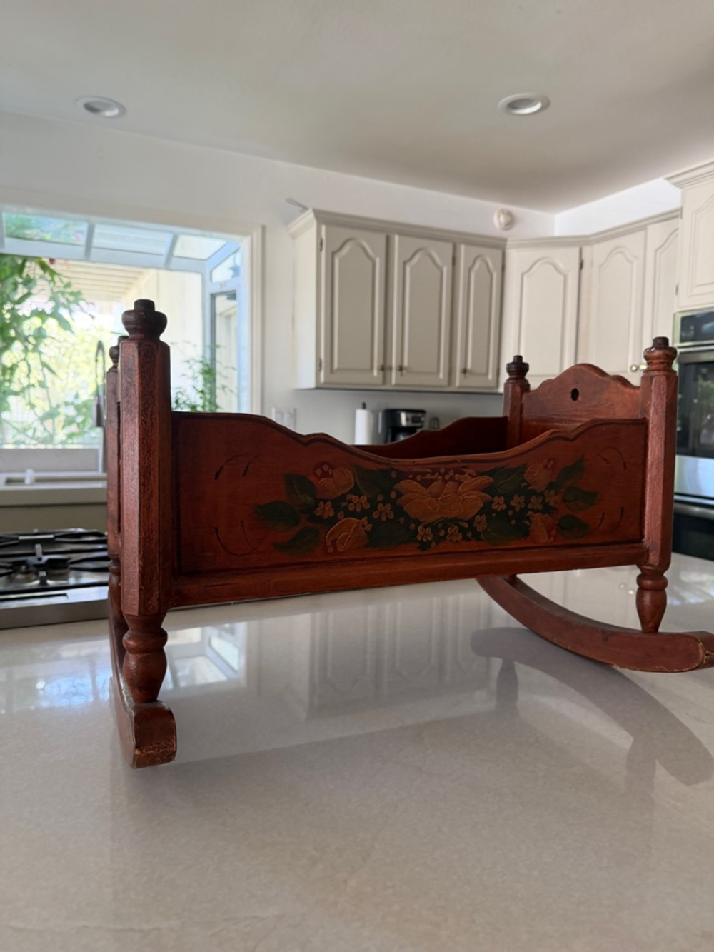 Antique Handcarved Wooden Rocking Cradle with Hand-Painted Couple - Picture 2 of 11